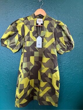 Geometric Olive Green Puff-Sleeve Mini Dress Emily McCarthy XXS NWT